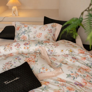 VILZSTUDIOS cream watercolor floral duvet cover set with wide peach borders