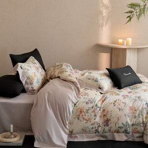 VILZSTUDIOS cream watercolor floral duvet cover set with wide peach borders