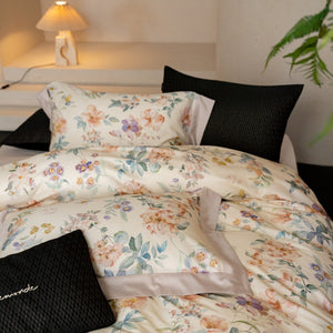 VILZSTUDIOS cream watercolor floral duvet cover set with wide peach borders