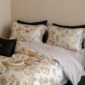 VILZSTUDIOS cream watercolor floral duvet cover set with wide peach borders