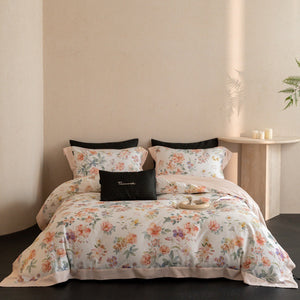VILZSTUDIOS cream watercolor floral duvet cover set with wide peach borders