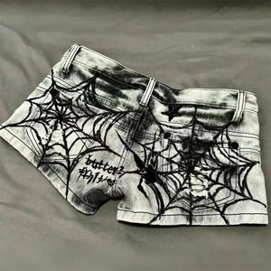 VILZSTUDIOS Grunge print denim shorts with spider web design