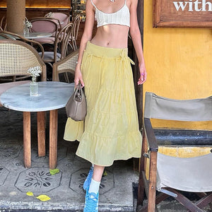 VILZSTUDIOS Whimsical layered maxi skirt in pastel yellow