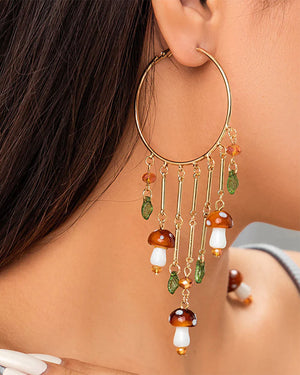 VILZSTUDIOS Whimsical gold hoop earrings with mushroom and leaf design
