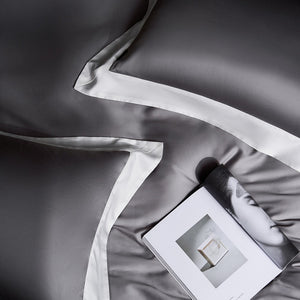 VILZSTUDIOS solid gray, taupe and black satin duvet cover set with wide white borders