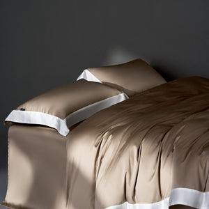 VILZSTUDIOS solid gray, taupe and black satin duvet cover set with wide white borders