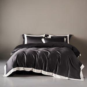 VILZSTUDIOS solid gray, taupe and black satin duvet cover set with wide white borders