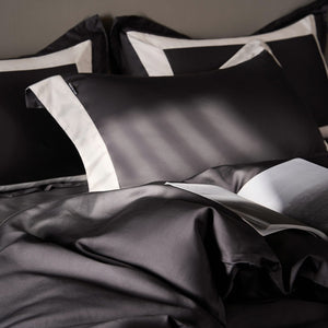 VILZSTUDIOS solid gray, taupe and black satin duvet cover set with wide white borders