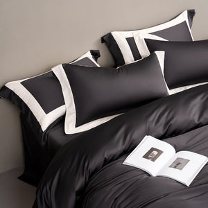 VILZSTUDIOS solid gray, taupe and black satin duvet cover set with wide white borders