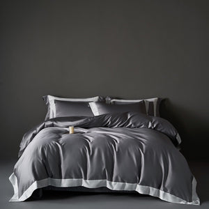 VILZSTUDIOS solid gray, taupe and black satin duvet cover set with wide white borders