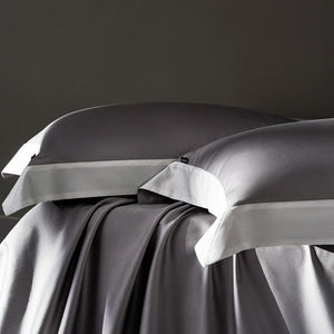 VILZSTUDIOS solid gray, taupe and black satin duvet cover set with wide white borders