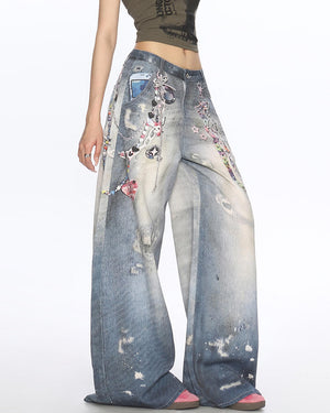 VILZSTUDIOS Wide leg denim jeans with chain print design