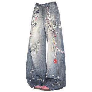 VILZSTUDIOS Wide leg denim jeans with chain print design