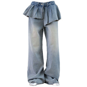 VILZSTUDIOS Fashionable wide leg denim jeans with unique peplum waist