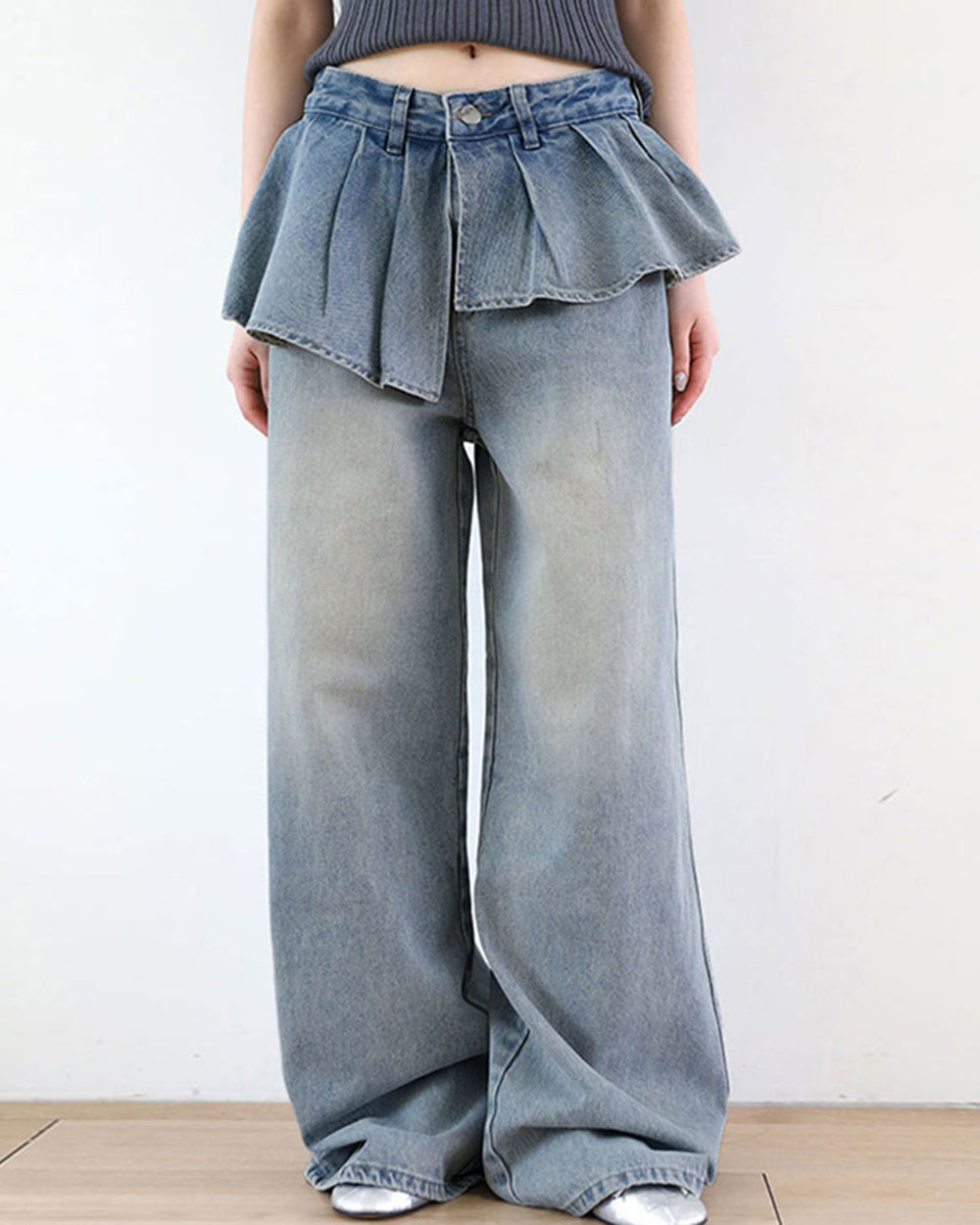 VILZSTUDIOS Fashionable wide leg denim jeans with unique peplum waist