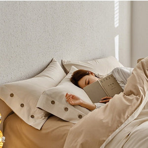 VILZSTUDIOS neutral two-tone reversible duvet cover set with wooden button pillowcases