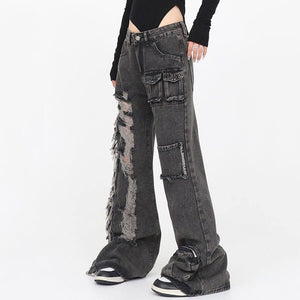 VILZSTUDIOS Ripped cargo jeans in black with patch pockets