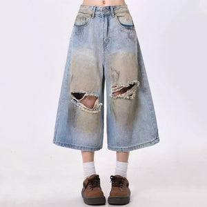VILZSTUDIOS Worn wash wide-leg denim shorts for streetwear fashion