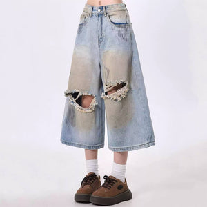 VILZSTUDIOS Worn wash wide-leg denim shorts for streetwear fashion