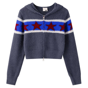 VILZSTUDIOS Stylish knit zip hoodie with star pattern and cropped design