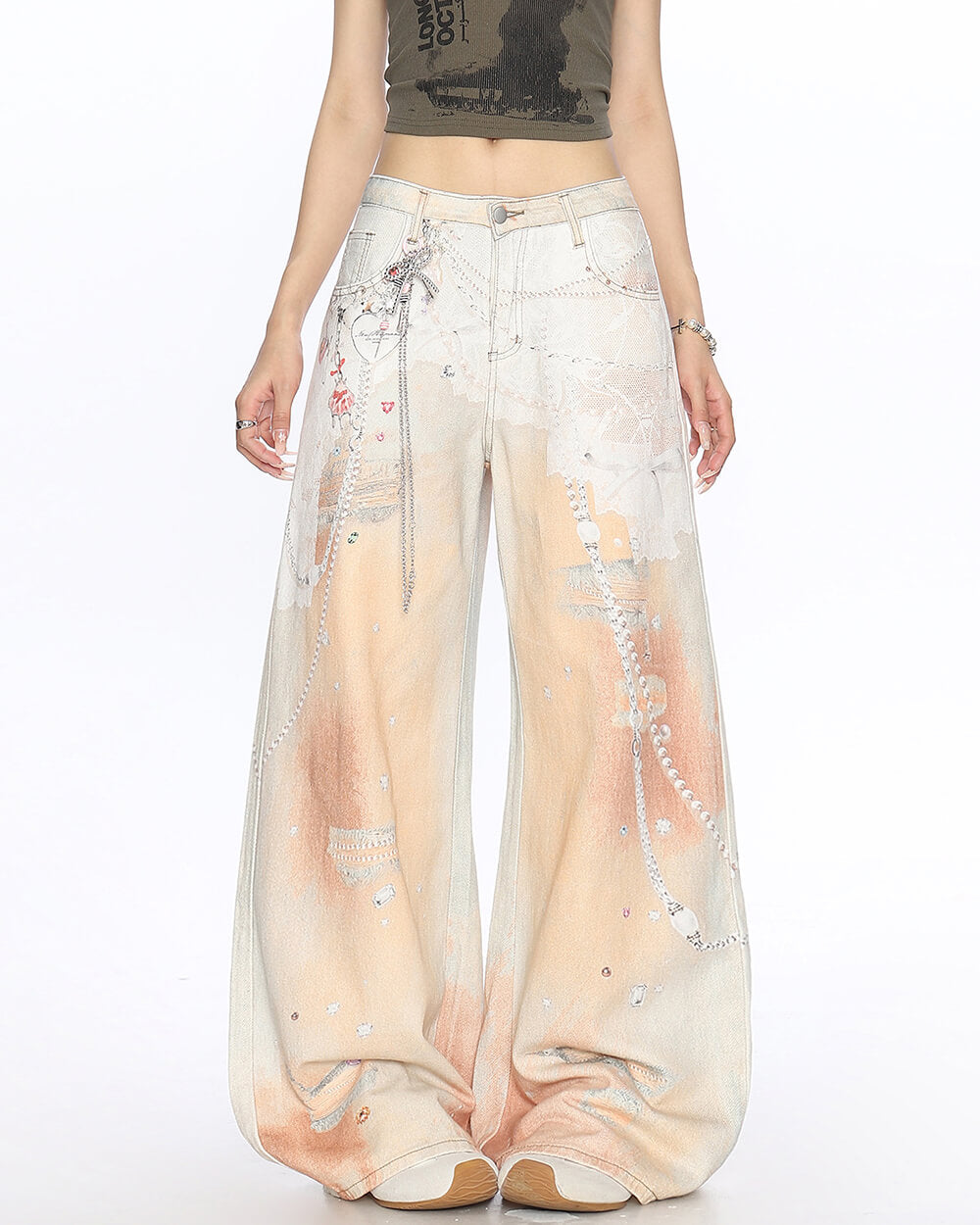 VILZSTUDIOS Wide leg jeans with chain print design in peach color