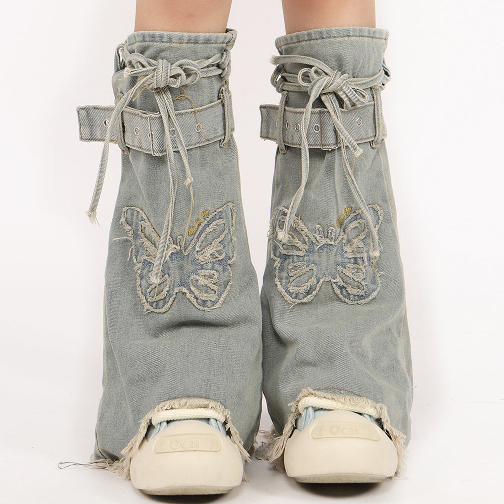 VILZSTUDIOS Y2K denim leg warmers with butterfly patches