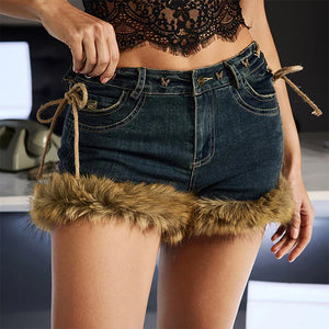 VILZSTUDIOS Y2K fur trim denim shorts from VILZSTUDIOS