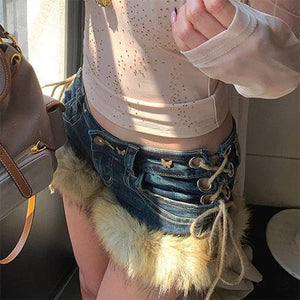 VILZSTUDIOS Y2K fur trim denim shorts from VILZSTUDIOS