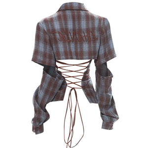 VILZSTUDIOS Stylish plaid crop shirt with lace-up back design