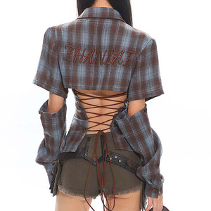 VILZSTUDIOS Stylish plaid crop shirt with lace-up back design