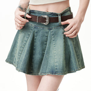 VILZSTUDIOS Pleated denim mini skirt with buckle belt