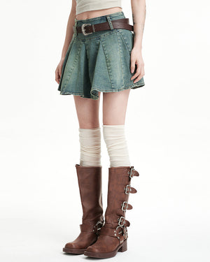 VILZSTUDIOS Pleated denim mini skirt with buckle belt