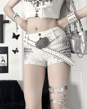 VILZSTUDIOS Denim mini shorts with graphics and stud accents