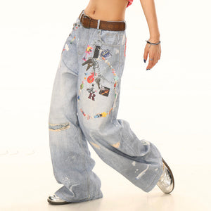 VILZSTUDIOS Trendy wide-leg jeans with playful charm prints