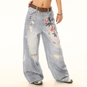 VILZSTUDIOS Trendy wide-leg jeans with playful charm prints