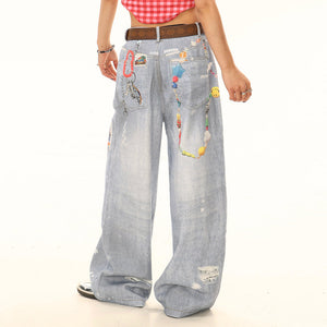 VILZSTUDIOS Trendy wide-leg jeans with playful charm prints