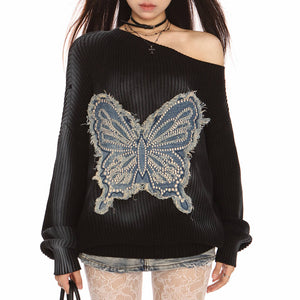 VILZSTUDIOS Butterfly knit sweater in beige with embroidered design