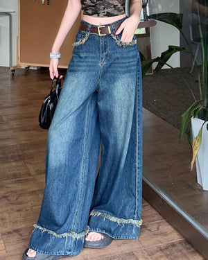 VILZSTUDIOS Wide-leg jeans with frayed hems and distressed details