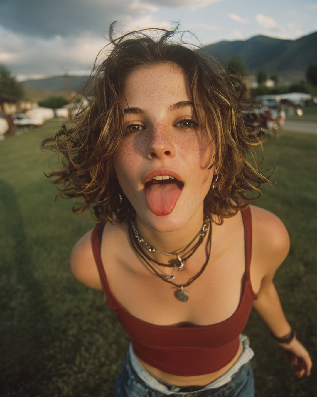 Edgy girl in tank top posing outdoors.