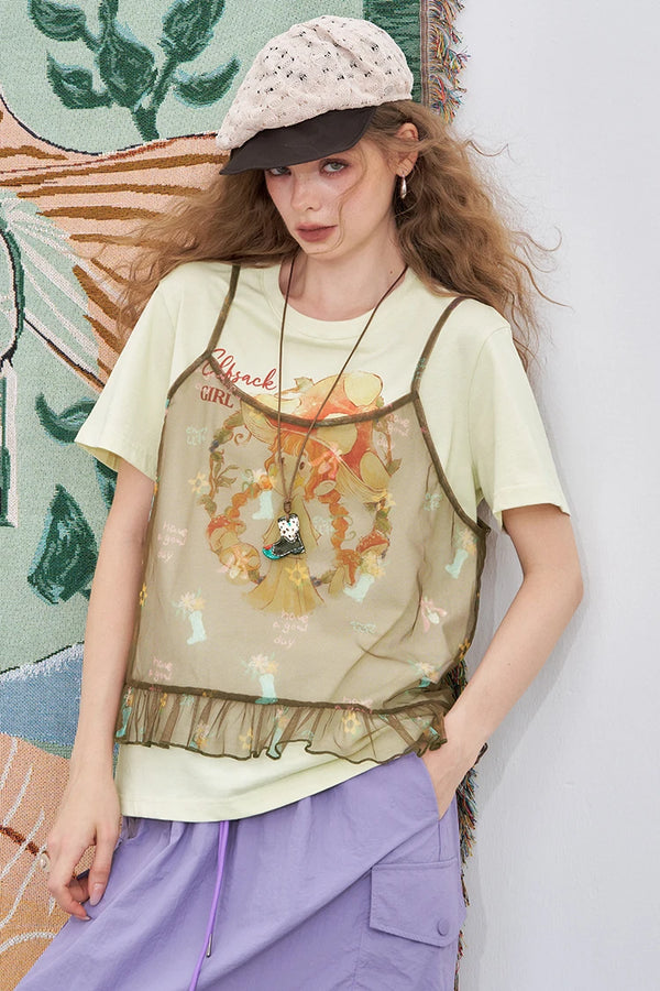 Cute Mesh Halter Print Two-Piece T-Shirt