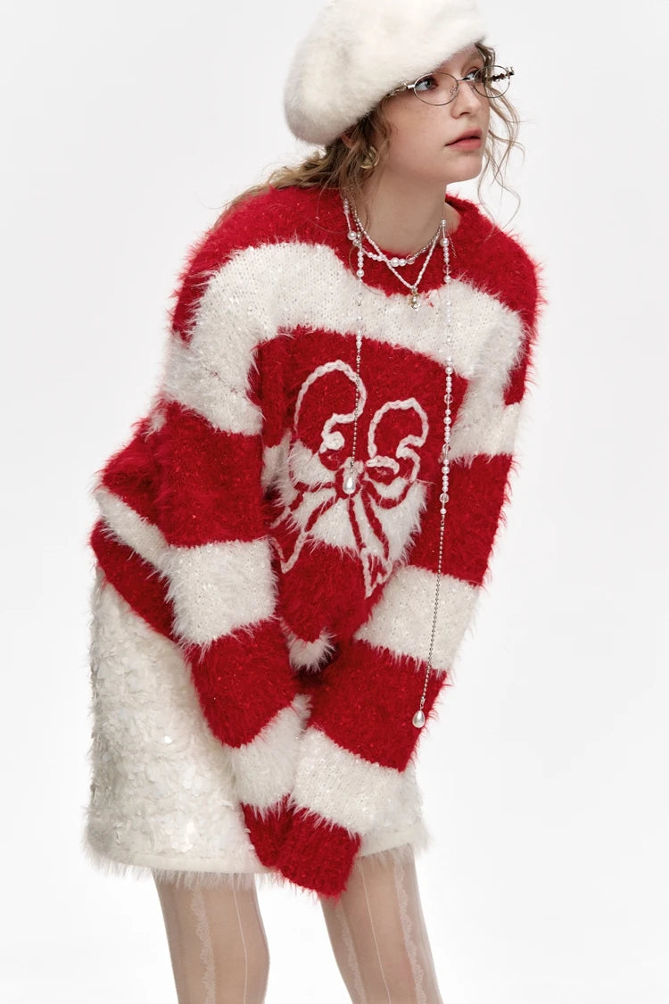 VILZSTUDIOS Red Stripes Bowknot Jacquard Sweater
