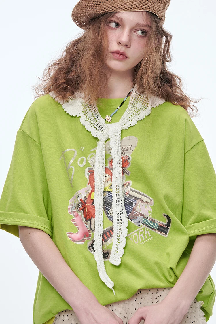 VILZSTUDIOS Lace Round Neck Printed T-Shirt