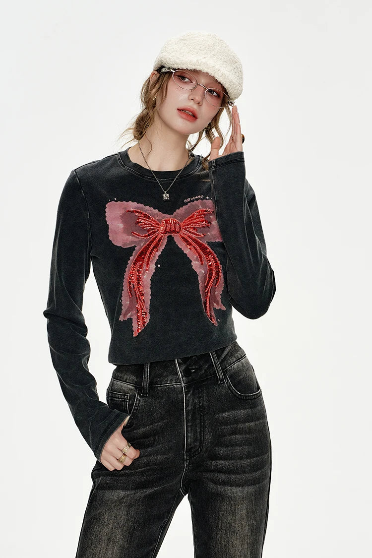 VILZSTUDIOS Bowknot Sequin Embroidered Slim Long Sleeve Top