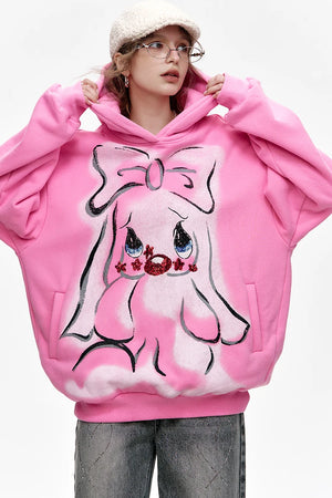 VILZSTUDIOS Pink Velvet Cartoon Rabbit Printed Hoodie