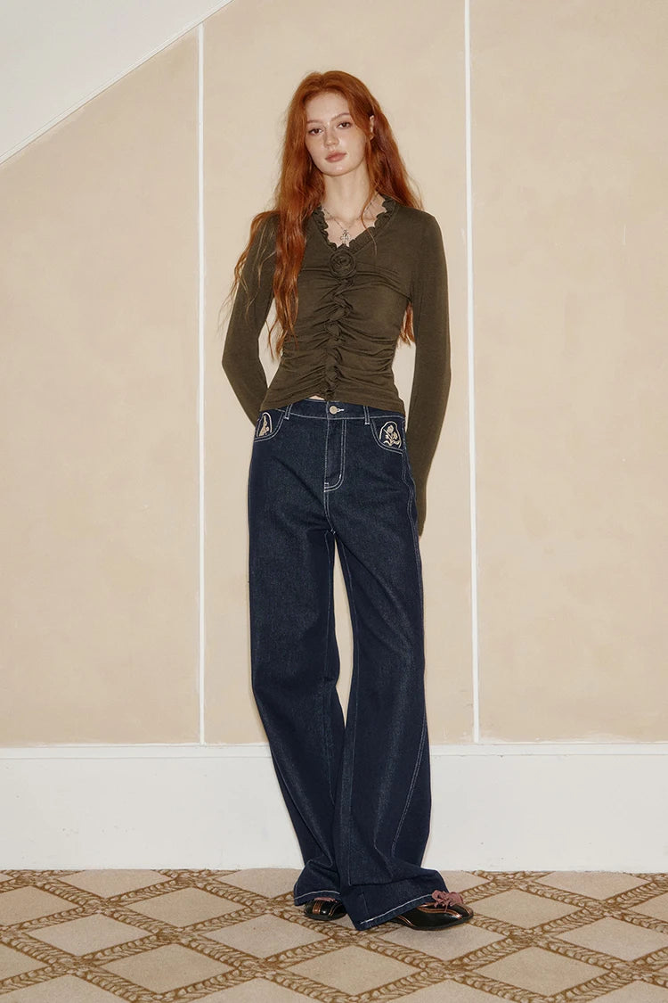 VILZSTUDIOS Feminine Pleated Flower Long Sleeve Top