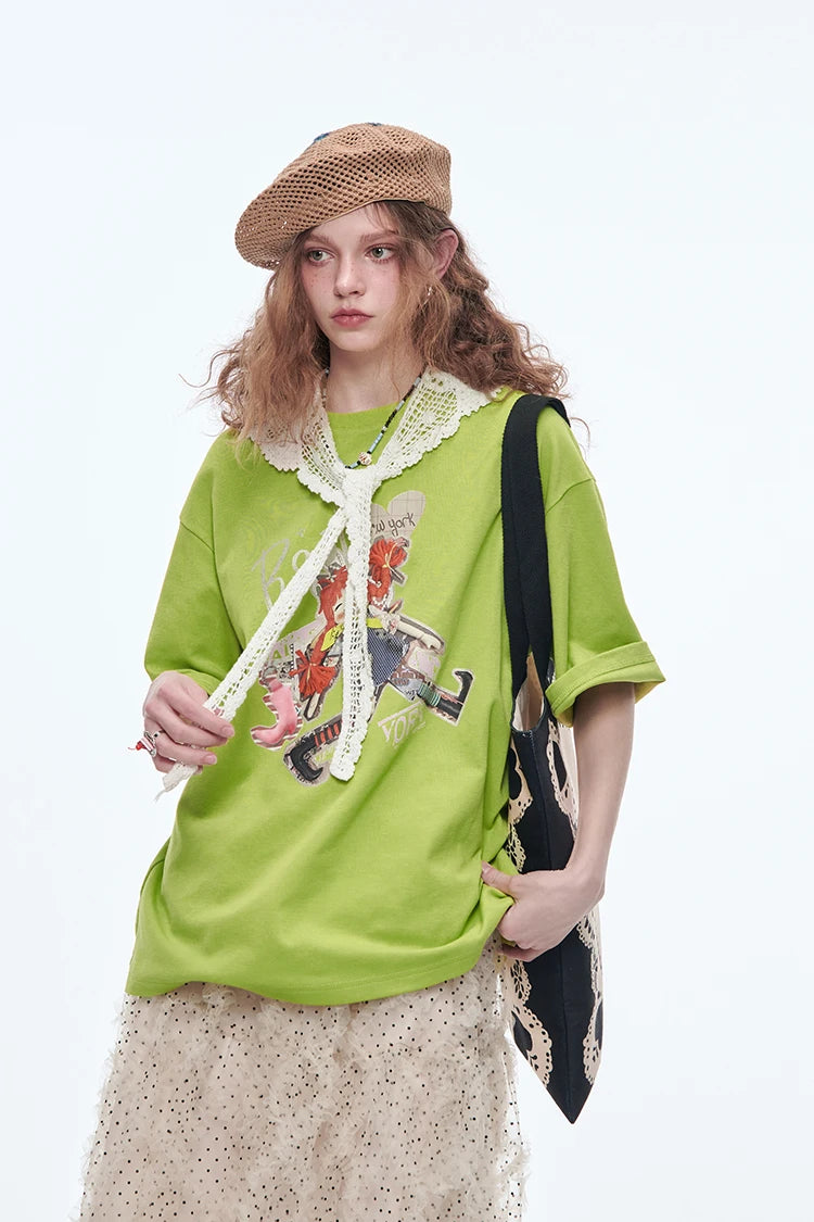 VILZSTUDIOS Lace Round Neck Printed T-Shirt