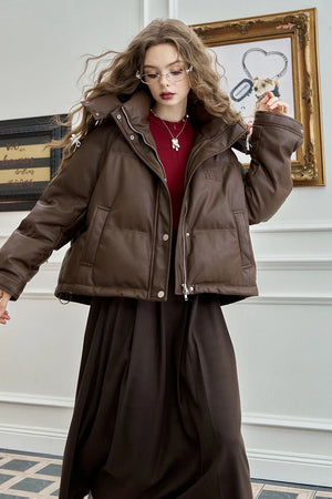 VILZSTUDIOS Cozy Maillard Leather Hooded Puffer Jacket