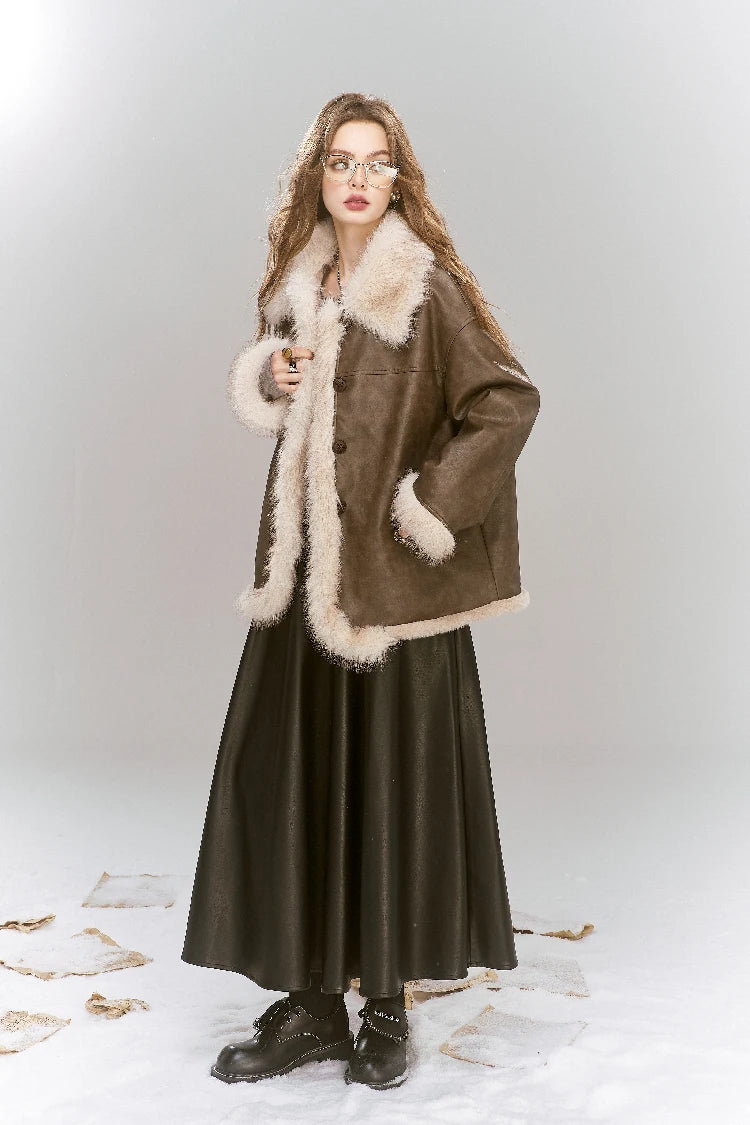 VILZSTUDIOS Elegant Brown Plush PU Leather Jacket