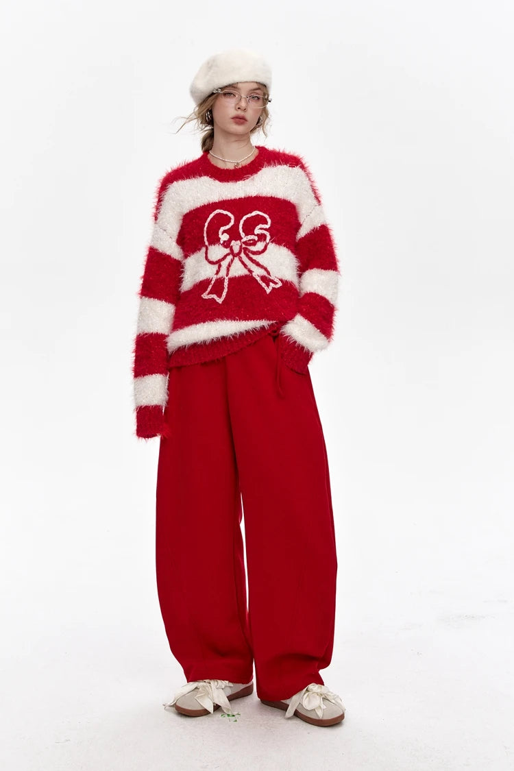 VILZSTUDIOS Red Stripes Bowknot Jacquard Sweater