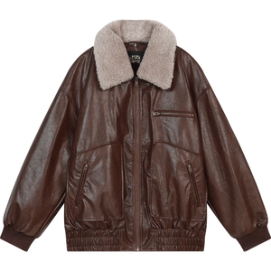 VILZSTUDIOS Vintage Brown Fleece Neck PU Leather Jacket